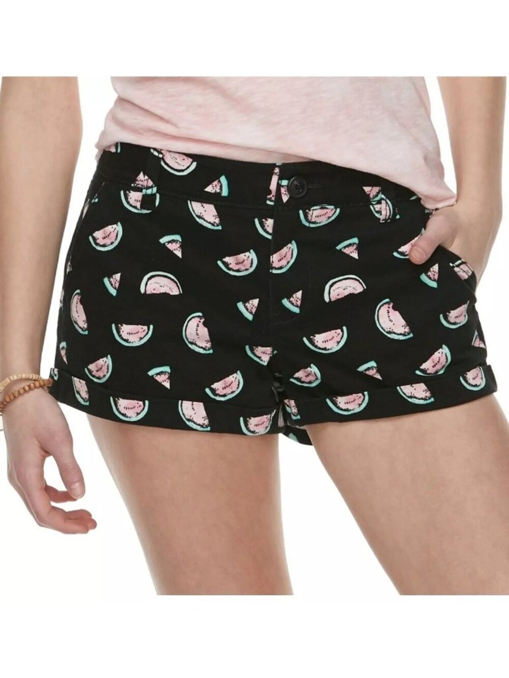 SO Shorts Size 7 Watermelon Print Shortie Stretch Low Rise Black Pink Summer NEW
